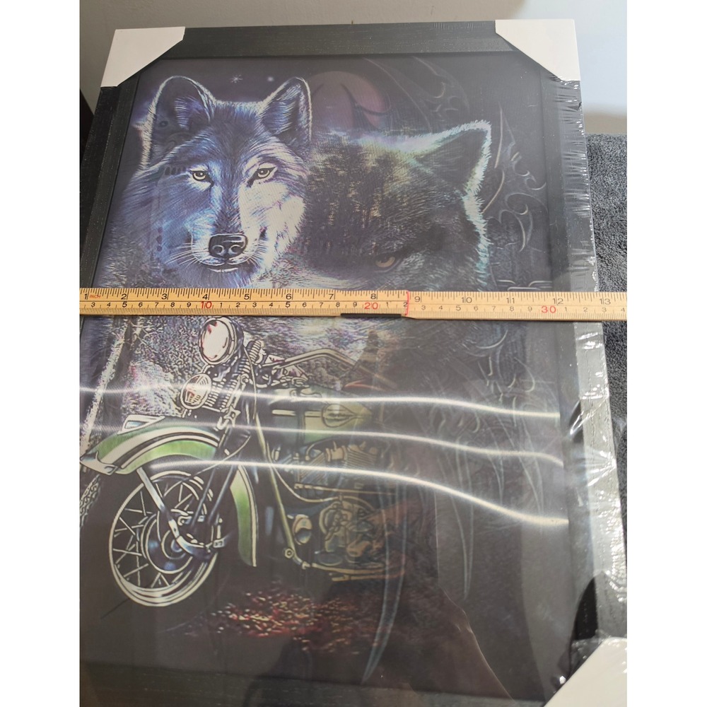 3D Lenticular Wolf Motorcycle Framed Wall Art Snarling Wolf 13x17 Motion Picture - Picture 4 of 5
